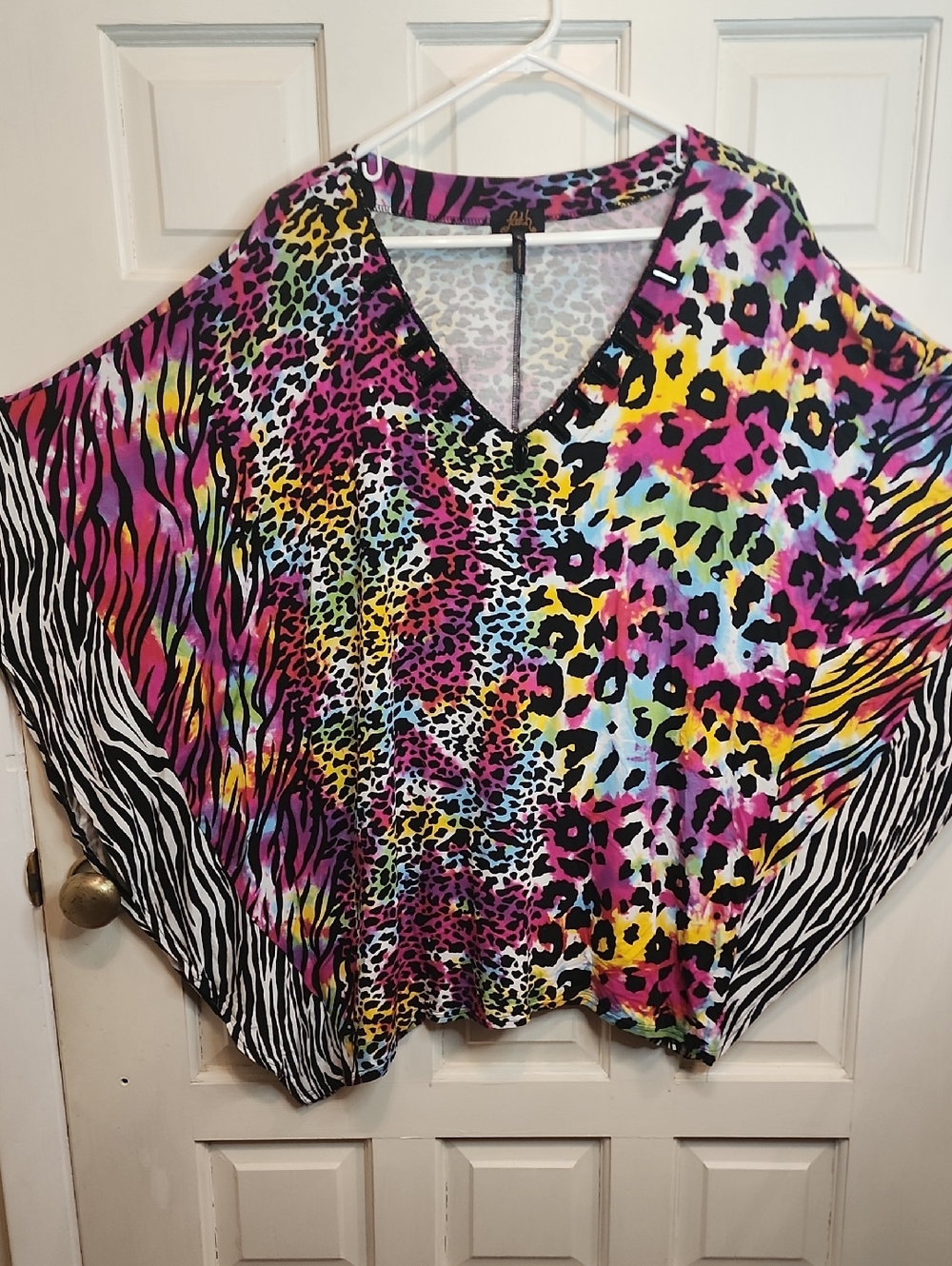 Vibrant Multi-Color Animal Print V-Neck Beaded Stretch Women's Top